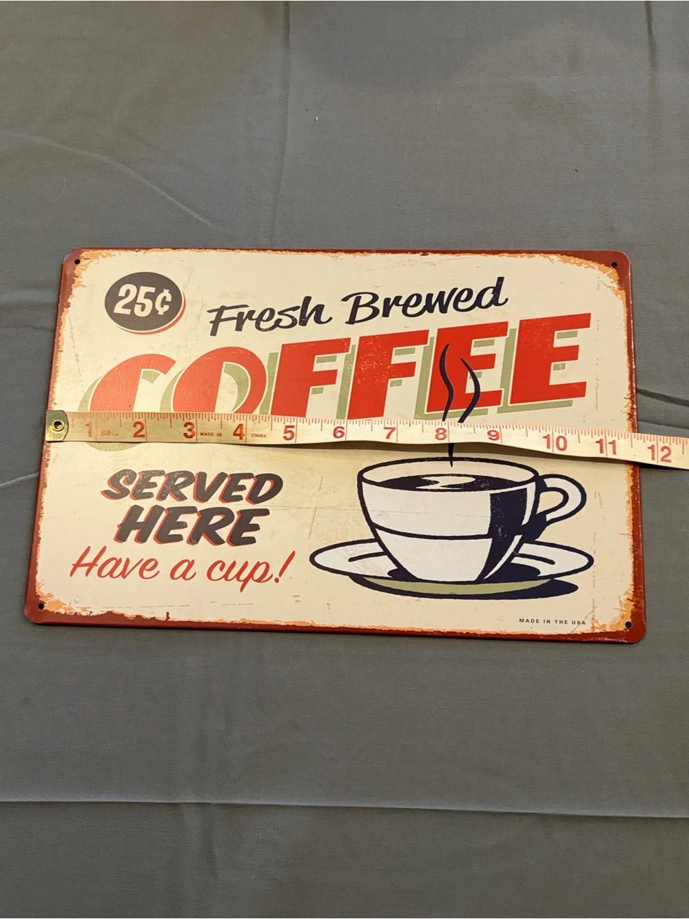Metal Vintage Style Fresh Brewed Coffee Wall Sign - Cream and Red